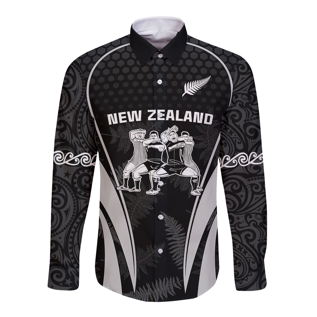 Custom New Zealand Aotearoa Rugby Long Sleeve Button Shirt Haka Dance Mixed Silver Fern Sporty Style LT9 Unisex Black - Polynesian Pride