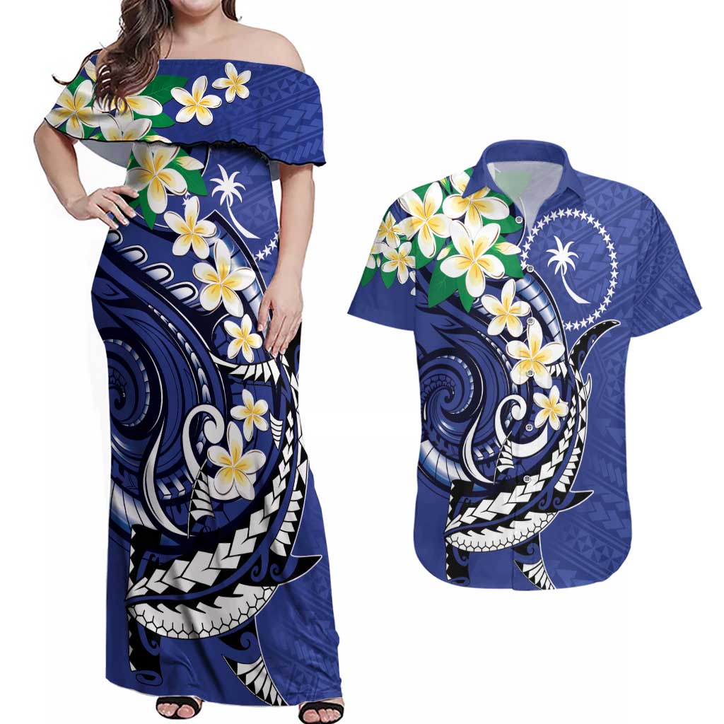 FSM Chuuk State Polynesian Shark Tattoo Personalised Couples Matching Off Shoulder Maxi Dress and Hawaiian Shirt