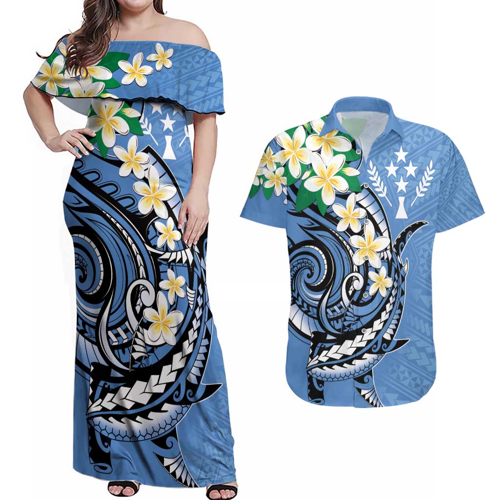 FSM Kosrae Polynesian Shark Tattoo Personalised Couples Matching Off Shoulder Maxi Dress and Hawaiian Shirt