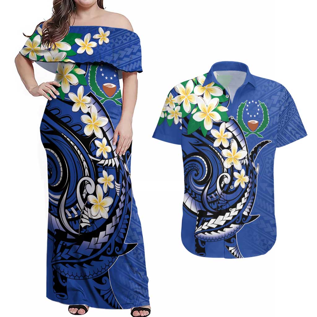 FSM Pohnpei Polynesian Shark Tattoo Personalised Couples Matching Off Shoulder Maxi Dress and Hawaiian Shirt