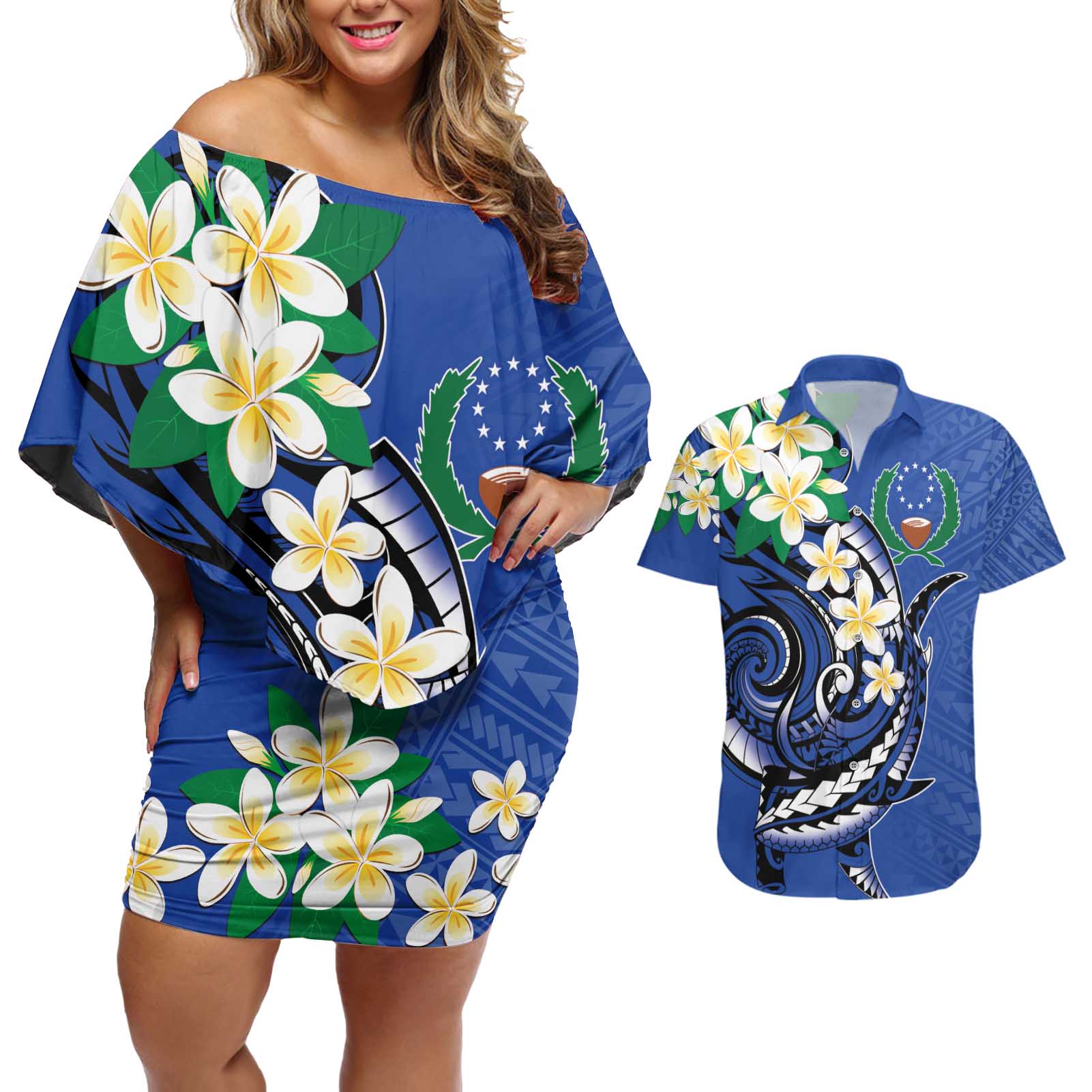 FSM Pohnpei Polynesian Shark Tattoo Personalised Couples Matching Off Shoulder Short Dress and Hawaiian Shirt