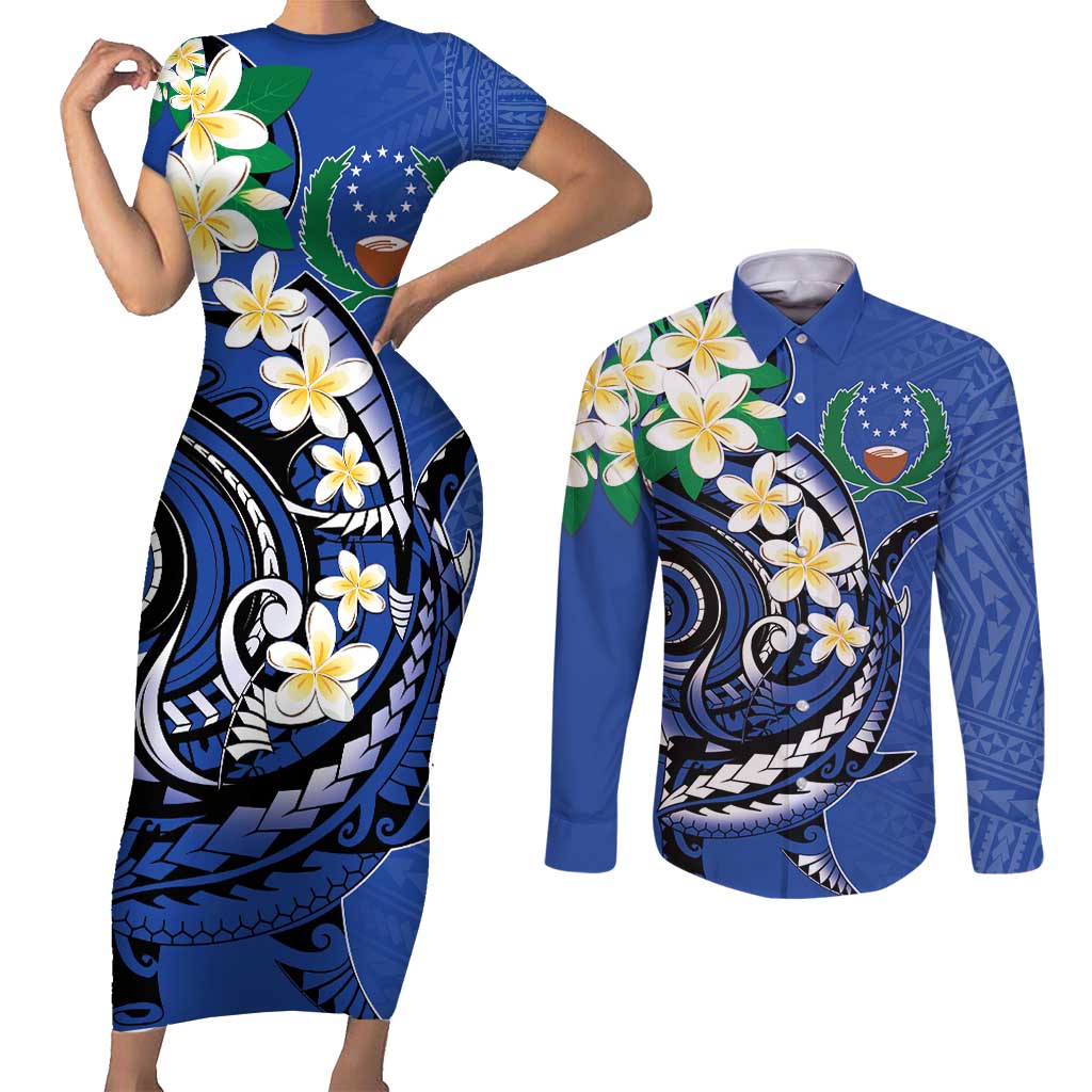 FSM Pohnpei Polynesian Shark Tattoo Personalised Couples Matching Short Sleeve Bodycon Dress and Long Sleeve Button Shirt