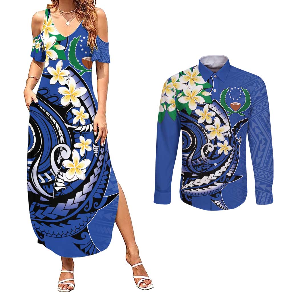 FSM Pohnpei Polynesian Shark Tattoo Personalised Couples Matching Summer Maxi Dress and Long Sleeve Button Shirt