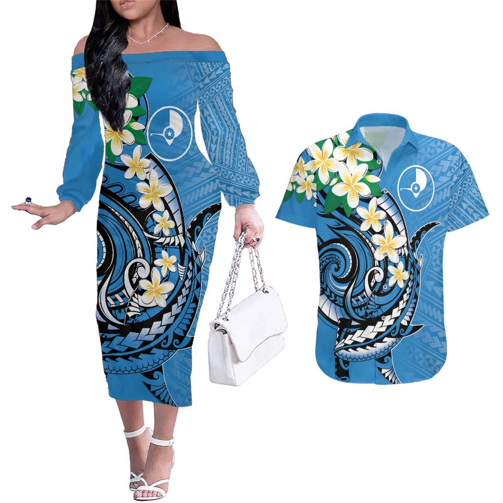 FSM Yap State Polynesian Shark Tattoo Personalised Couples Matching Off The Shoulder Long Sleeve Dress and Hawaiian Shirt