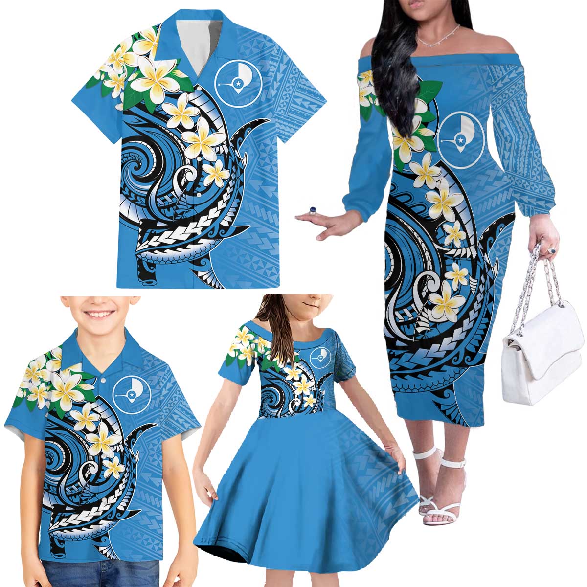 FSM Yap State Polynesian Shark Tattoo Personalised Family Matching Off The Shoulder Long Sleeve Dress and Hawaiian Shirt