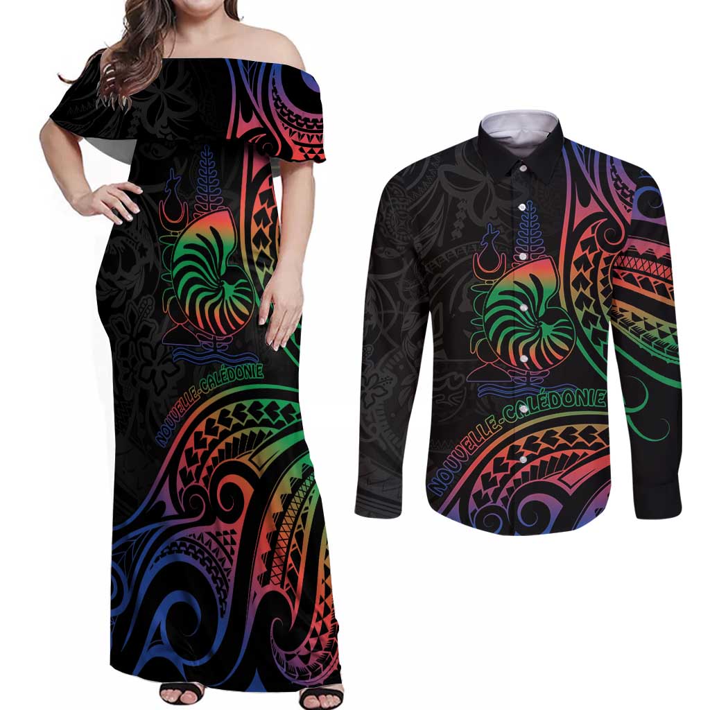 New Caledonia Polynesian Tatoo Personalised Couples Matching Off Shoulder Maxi Dress and Long Sleeve Button Shirt