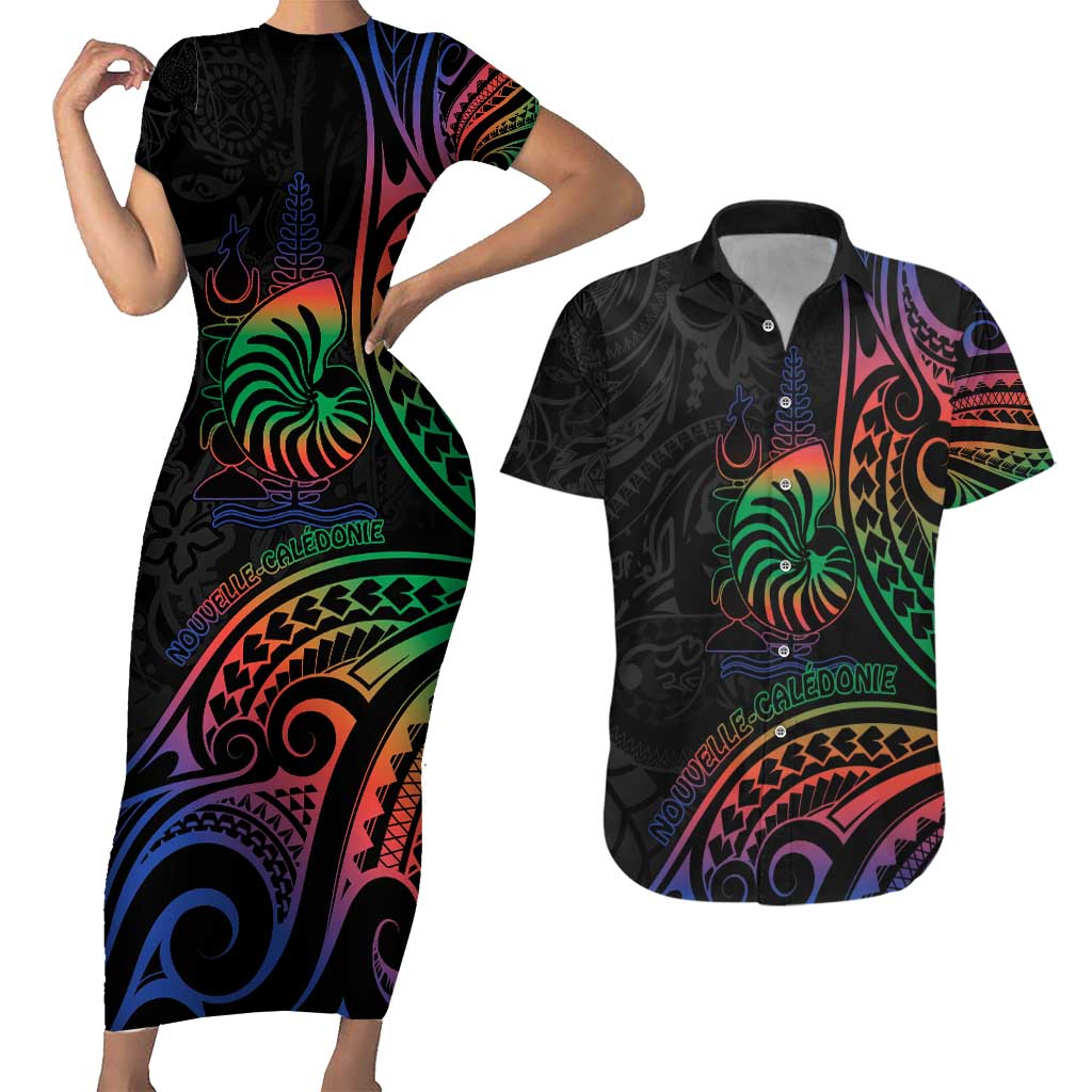 New Caledonia Polynesian Tatoo Personalised Couples Matching Short Sleeve Bodycon Dress and Hawaiian Shirt