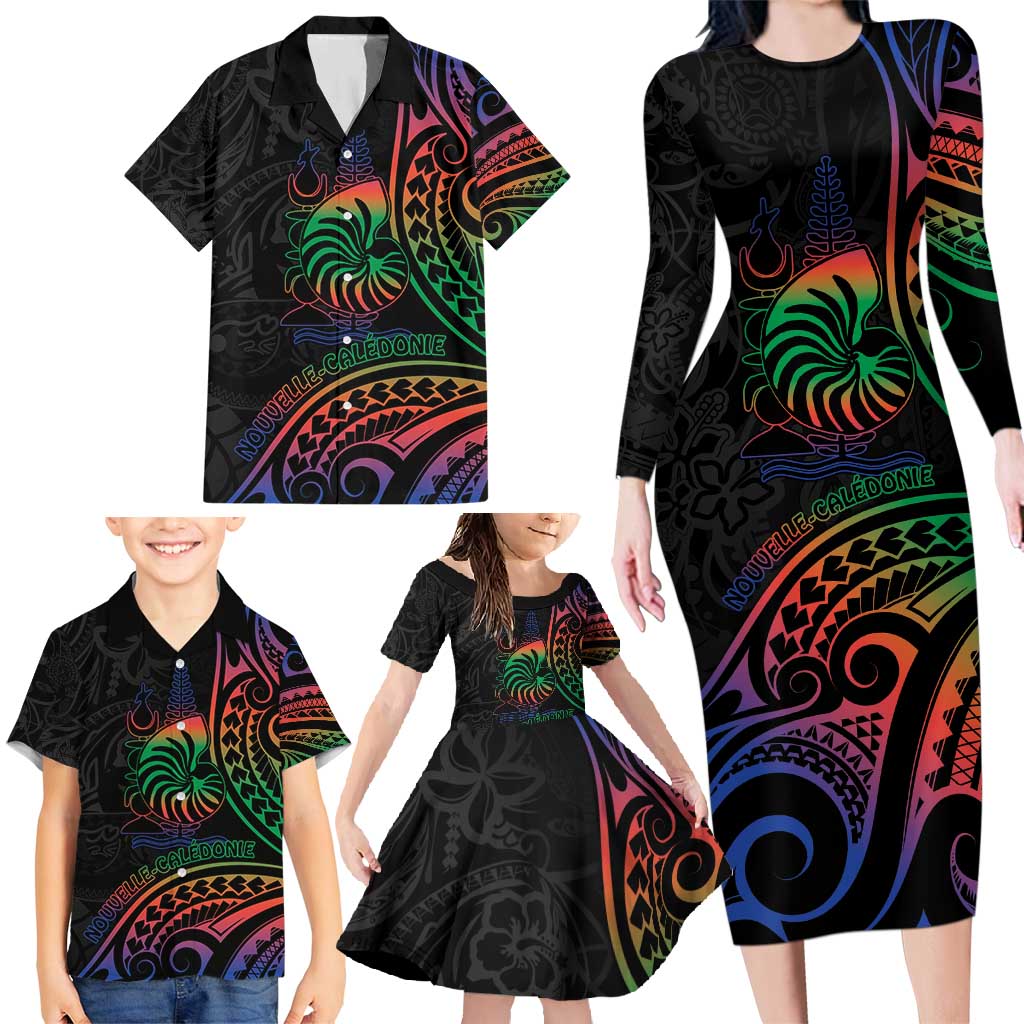 New Caledonia Polynesian Tatoo Personalised Family Matching Long Sleeve Bodycon Dress and Hawaiian Shirt