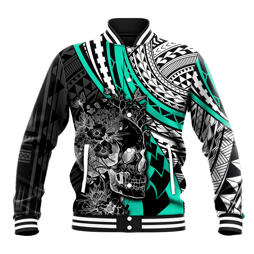 Personalised Polynesia Skull Baseball Jacket Tattoo In The Style Of Maori With Marine Life Aqua LT9 Unisex Aqua - Polynesian Pride