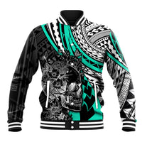 Personalised Polynesia Skull Baseball Jacket Tattoo In The Style Of Maori With Marine Life Aqua LT9 Unisex Aqua - Polynesian Pride