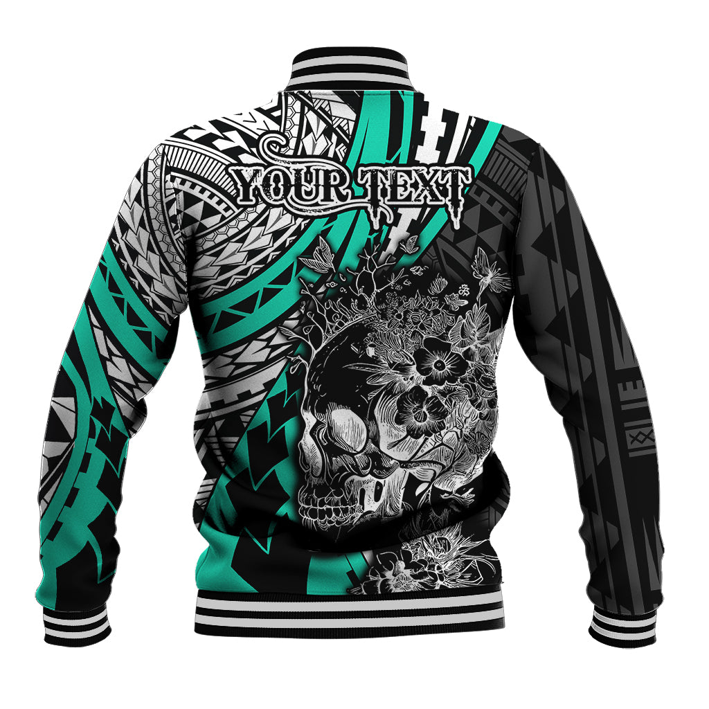 Personalised Polynesia Skull Baseball Jacket Tattoo In The Style Of Maori With Marine Life Aqua LT9 - Polynesian Pride