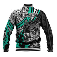 Personalised Polynesia Skull Baseball Jacket Tattoo In The Style Of Maori With Marine Life Aqua LT9 - Polynesian Pride