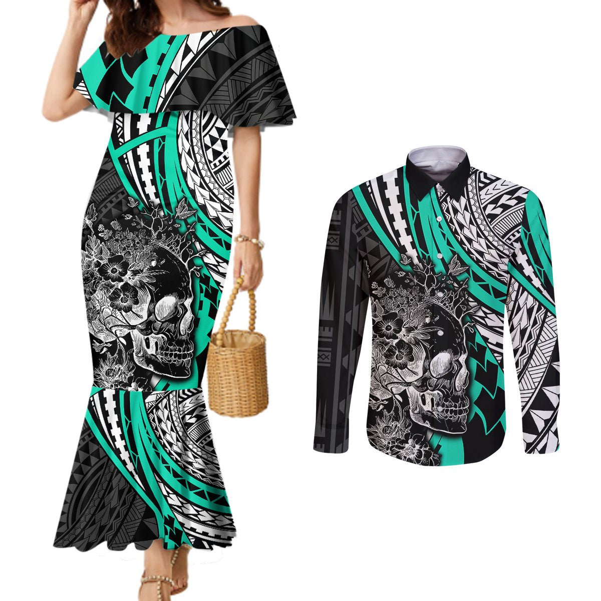 Personalised Polynesia Skull Couples Matching Mermaid Dress and Long Sleeve Button Shirts Tattoo In The Style Of Maori With Marine Life Aqua LT9 Aqua - Polynesian Pride