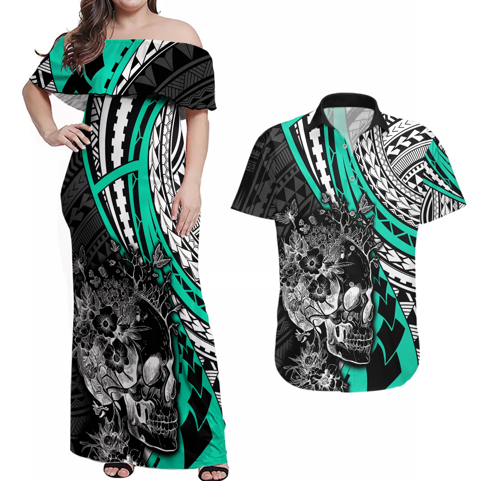 personalised-polynesia-skull-couples-matching-off-shoulder-maxi-dress-and-hawaiian-shirt-tattoo-in-the-style-of-maori-with-marine-life-aqua