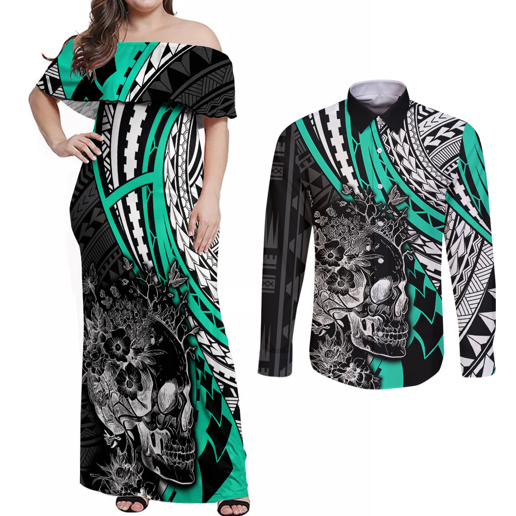 personalised-polynesia-skull-couples-matching-off-shoulder-maxi-dress-and-long-sleeve-button-shirts-tattoo-in-the-style-of-maori-with-marine-life-aqua