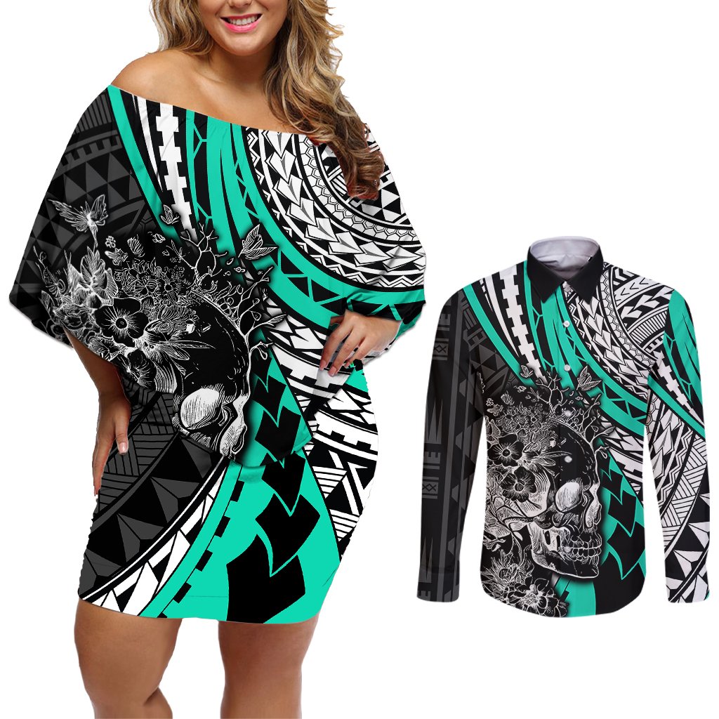 personalised-polynesia-skull-couples-matching-off-shoulder-short-dress-and-long-sleeve-button-shirts-tattoo-in-the-style-of-maori-with-marine-life-aqua