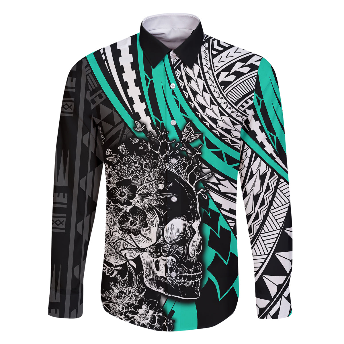personalised-polynesia-skull-family-matching-long-sleeve-bodycon-dress-and-hawaiian-shirt-tattoo-in-the-style-of-maori-with-marine-life-aqua
