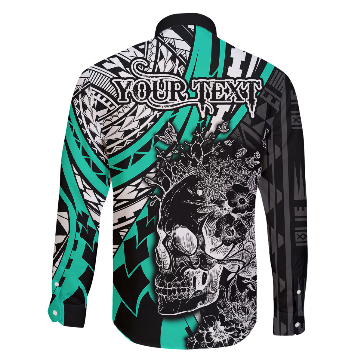 personalised-polynesia-skull-family-matching-long-sleeve-bodycon-dress-and-hawaiian-shirt-tattoo-in-the-style-of-maori-with-marine-life-aqua