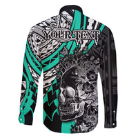 personalised-polynesia-skull-family-matching-long-sleeve-bodycon-dress-and-hawaiian-shirt-tattoo-in-the-style-of-maori-with-marine-life-aqua