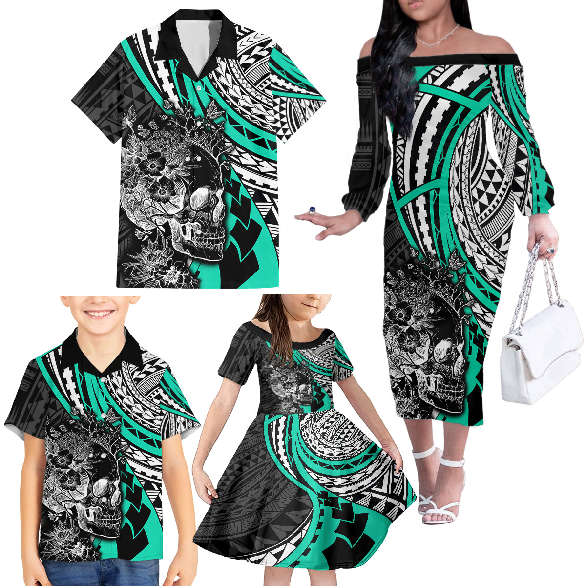 personalised-polynesia-skull-family-matching-off-shoulder-long-sleeve-dress-and-hawaiian-shirt-tattoo-in-the-style-of-maori-with-marine-life-aqua