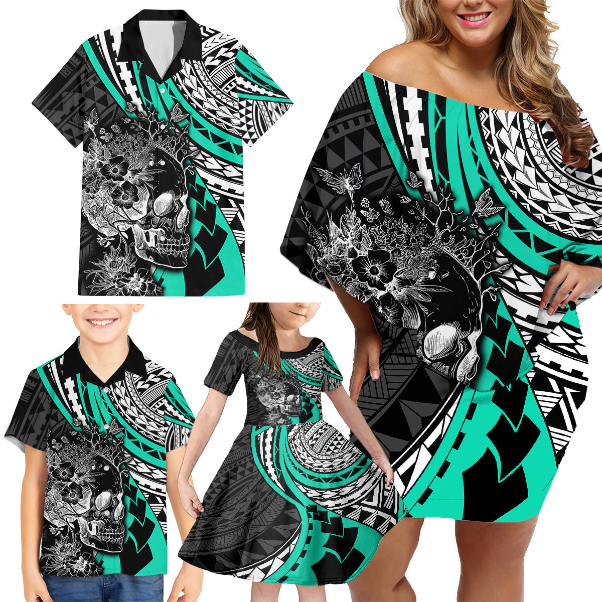 personalised-polynesia-skull-family-matching-off-shoulder-short-dress-and-hawaiian-shirt-tattoo-in-the-style-of-maori-with-marine-life-aqua