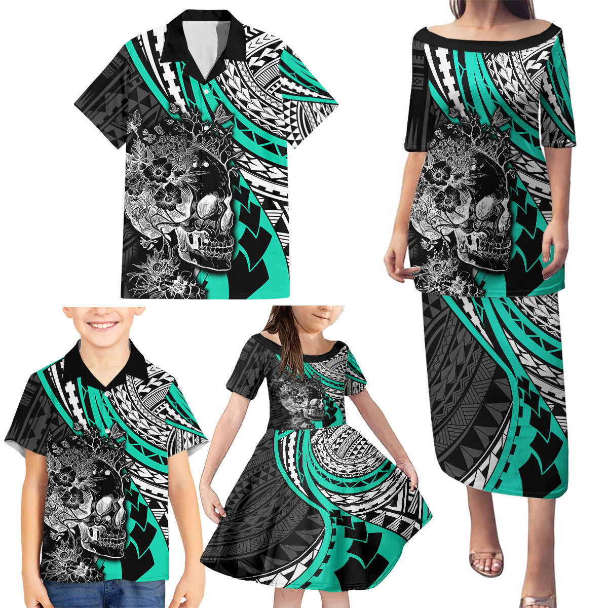 Personalised Polynesia Skull Family Matching Puletasi Dress and Hawaiian Shirt Tattoo In The Style Of Maori With Marine Life Aqua LT9 - Polynesian Pride