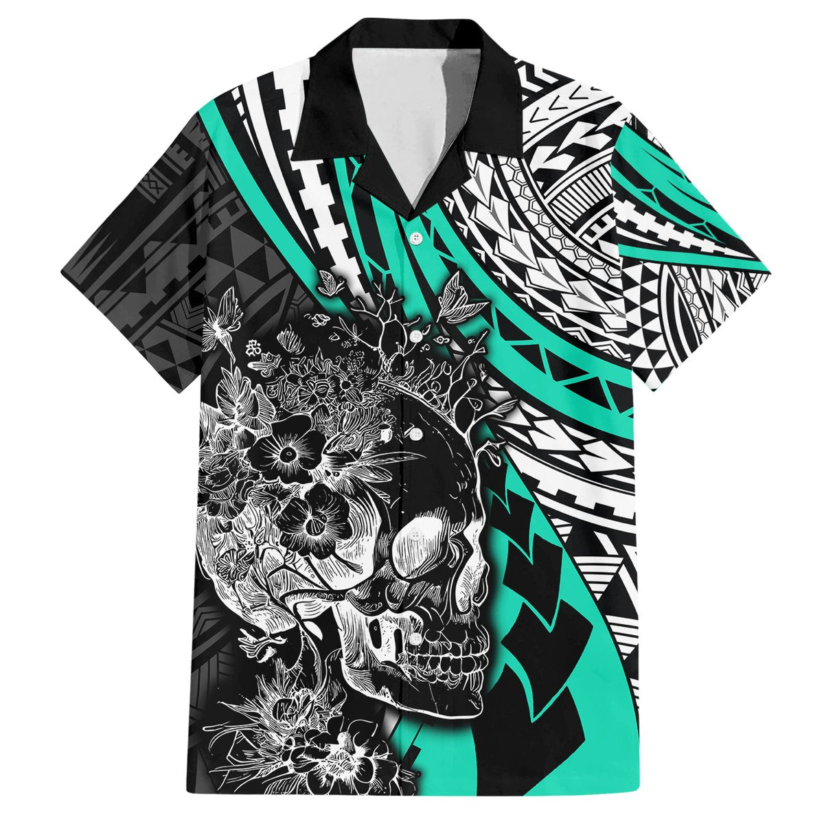 Personalised Polynesia Skull Hawaiian Shirt Tattoo In The Style Of Maori With Marine Life Aqua LT9 Aqua - Polynesian Pride