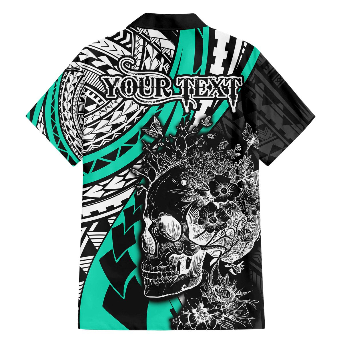 Personalised Polynesia Skull Hawaiian Shirt Tattoo In The Style Of Maori With Marine Life Aqua LT9 - Polynesian Pride