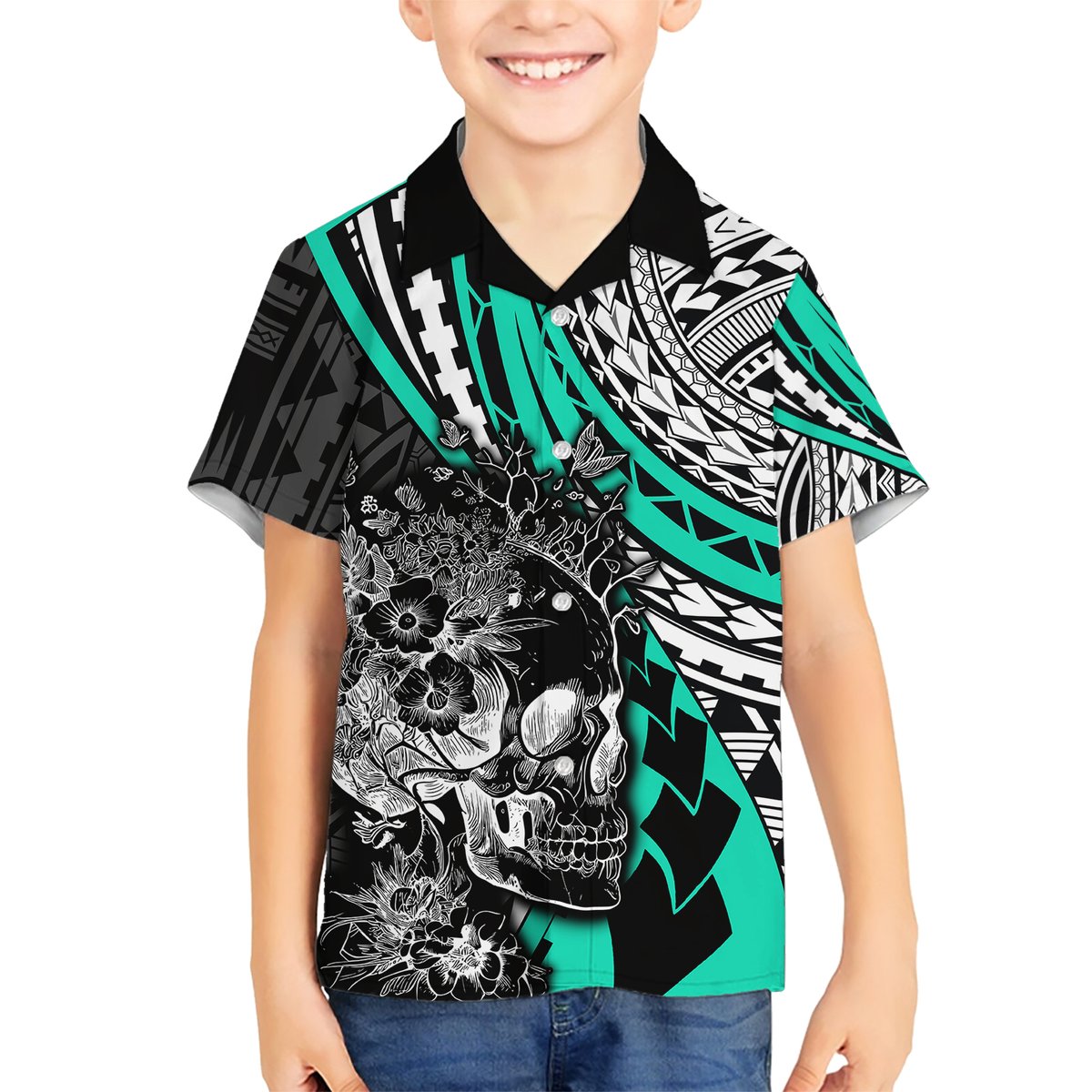 Personalised Polynesia Skull Hawaiian Shirt Tattoo In The Style Of Maori With Marine Life Aqua LT9 - Polynesian Pride