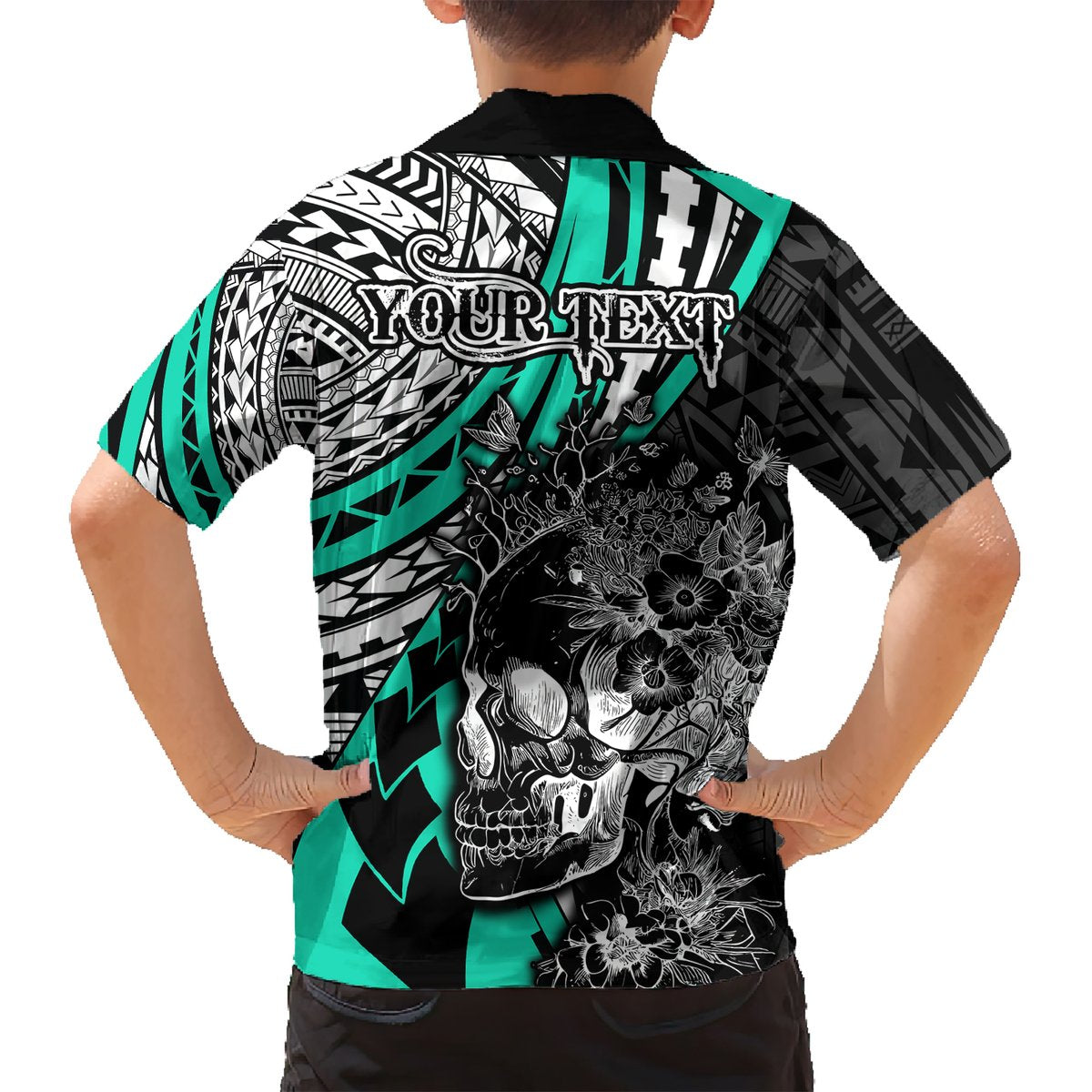 Personalised Polynesia Skull Hawaiian Shirt Tattoo In The Style Of Maori With Marine Life Aqua LT9 - Polynesian Pride