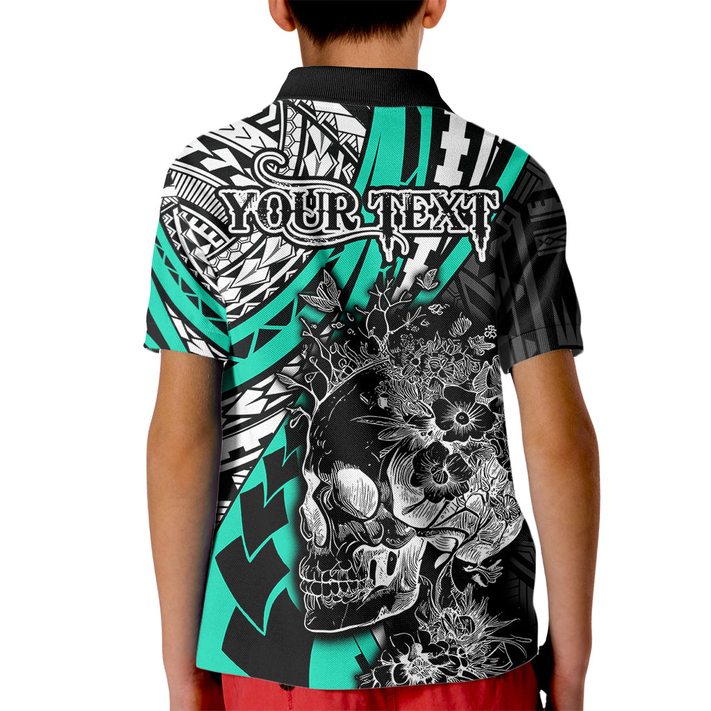 Personalised Polynesia Skull Kid Polo Shirt Tattoo In The Style Of Maori With Marine Life Aqua LT9 - Polynesian Pride