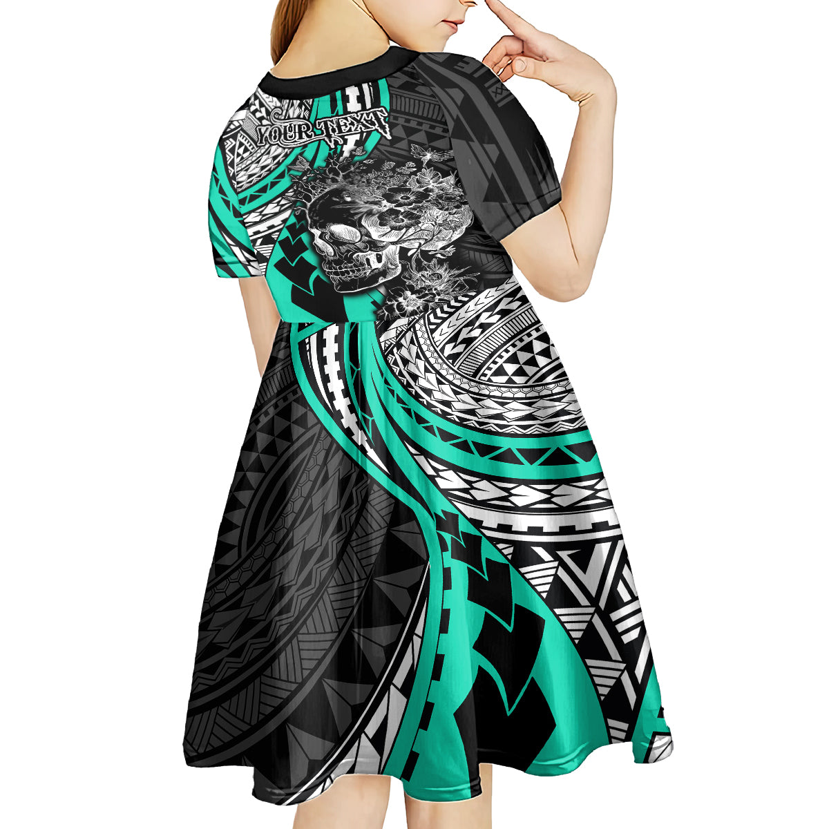 personalised-polynesia-skull-kid-short-sleeve-dress-tattoo-in-the-style-of-maori-with-marine-life-aqua