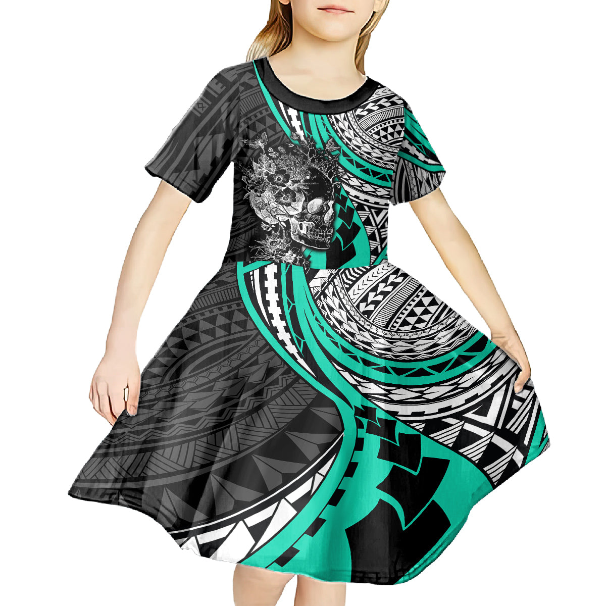 personalised-polynesia-skull-kid-short-sleeve-dress-tattoo-in-the-style-of-maori-with-marine-life-aqua