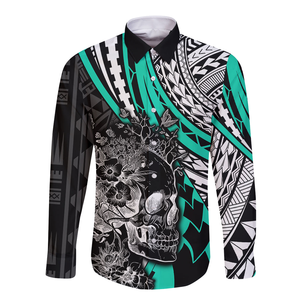 personalised-polynesia-skull-long-sleeve-button-shirt-tattoo-in-the-style-of-maori-with-marine-life-aqua