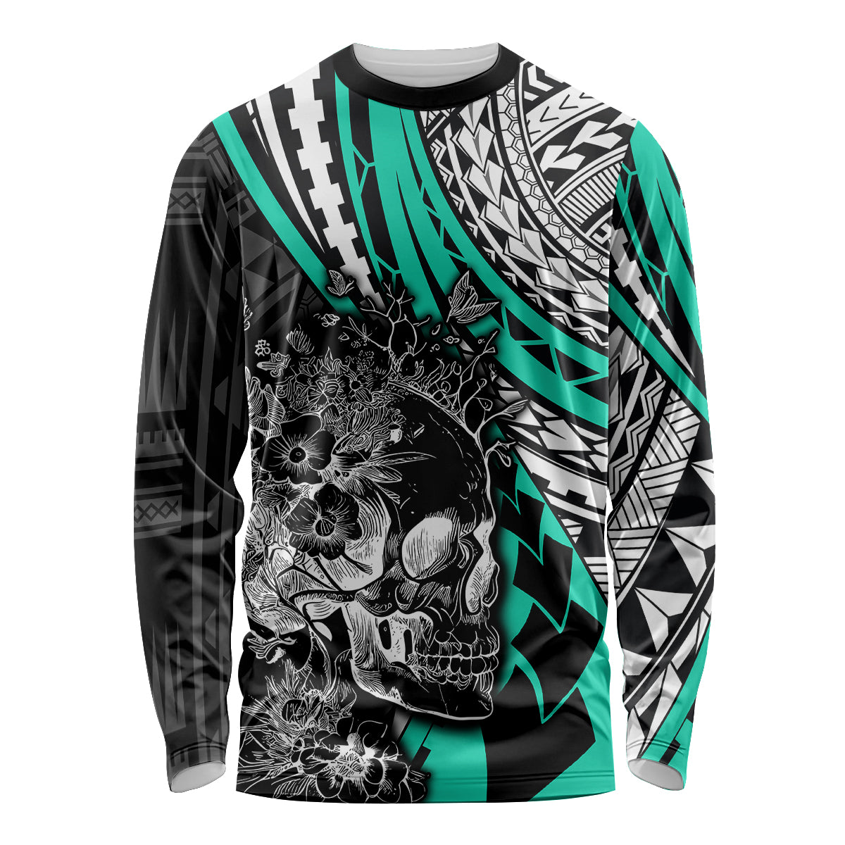 Personalised Polynesia Skull Long Sleeve Shirt Tattoo In The Style Of Maori With Marine Life Aqua LT9 Unisex Aqua - Polynesian Pride