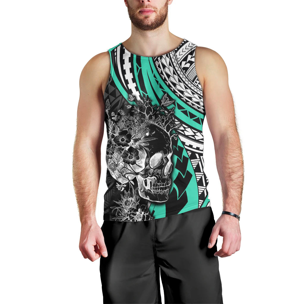 Personalised Polynesia Skull Men Tank Top Tattoo In The Style Of Maori With Marine Life Aqua LT9 - Polynesian Pride