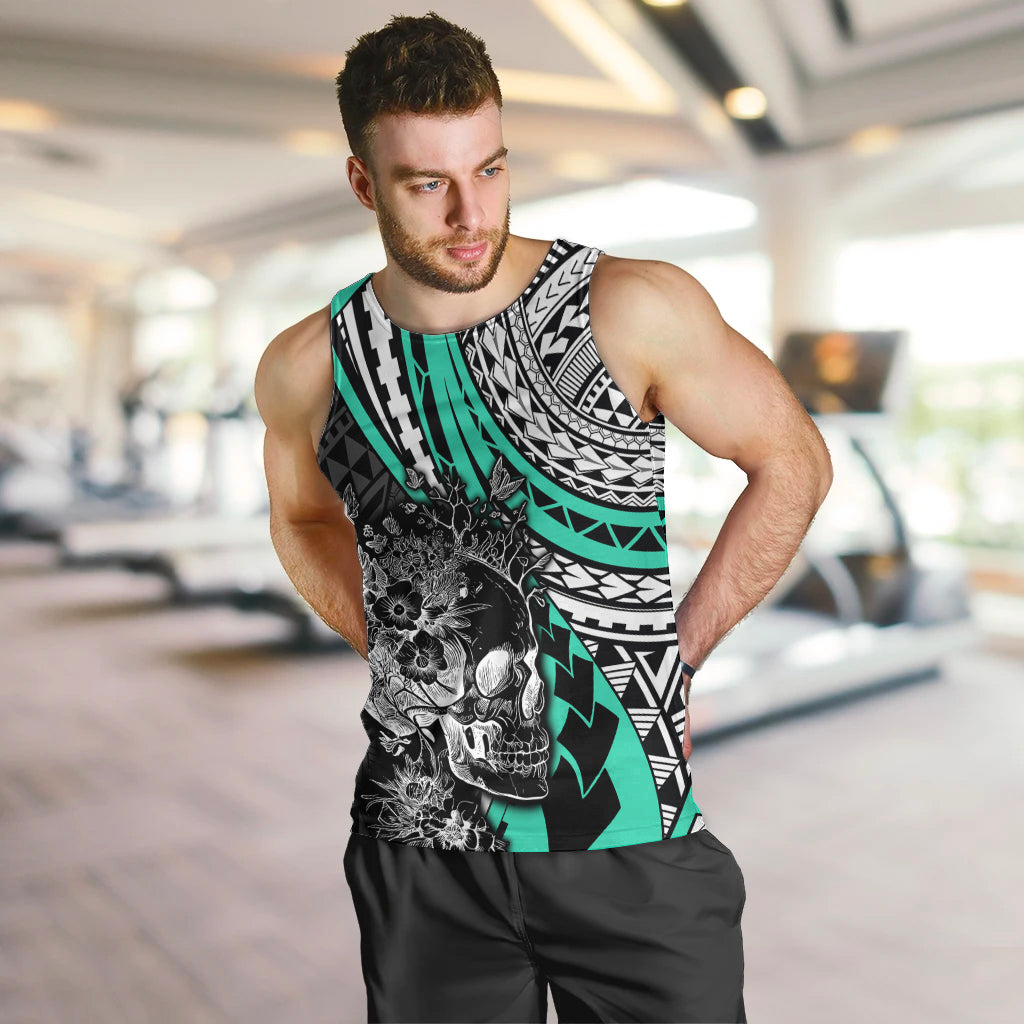 Personalised Polynesia Skull Men Tank Top Tattoo In The Style Of Maori With Marine Life Aqua LT9 - Polynesian Pride