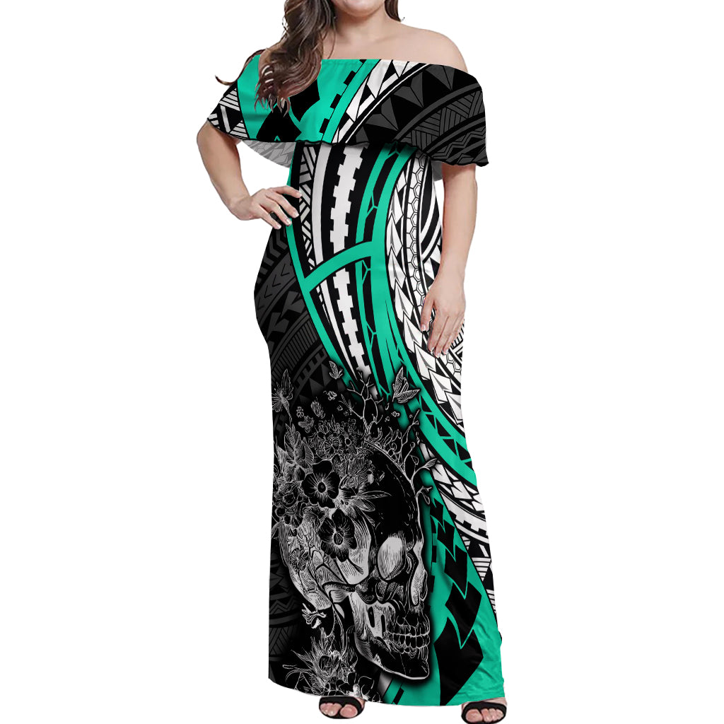 personalised-polynesia-skull-off-shoulder-maxi-dress-tattoo-in-the-style-of-maori-with-marine-life-aqua