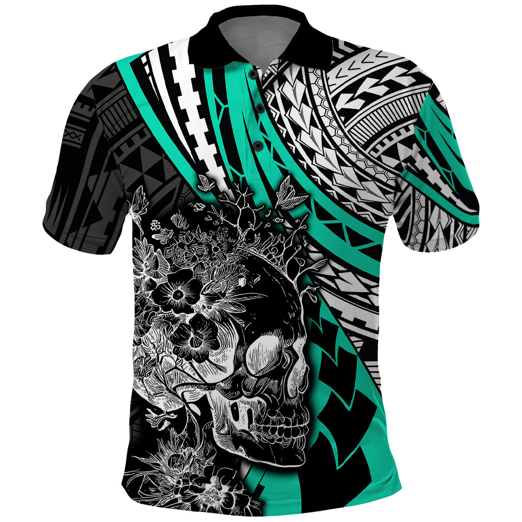 Personalised Polynesia Skull Polo Shirt Tattoo In The Style Of Maori With Marine Life Aqua LT9 Aqua - Polynesian Pride