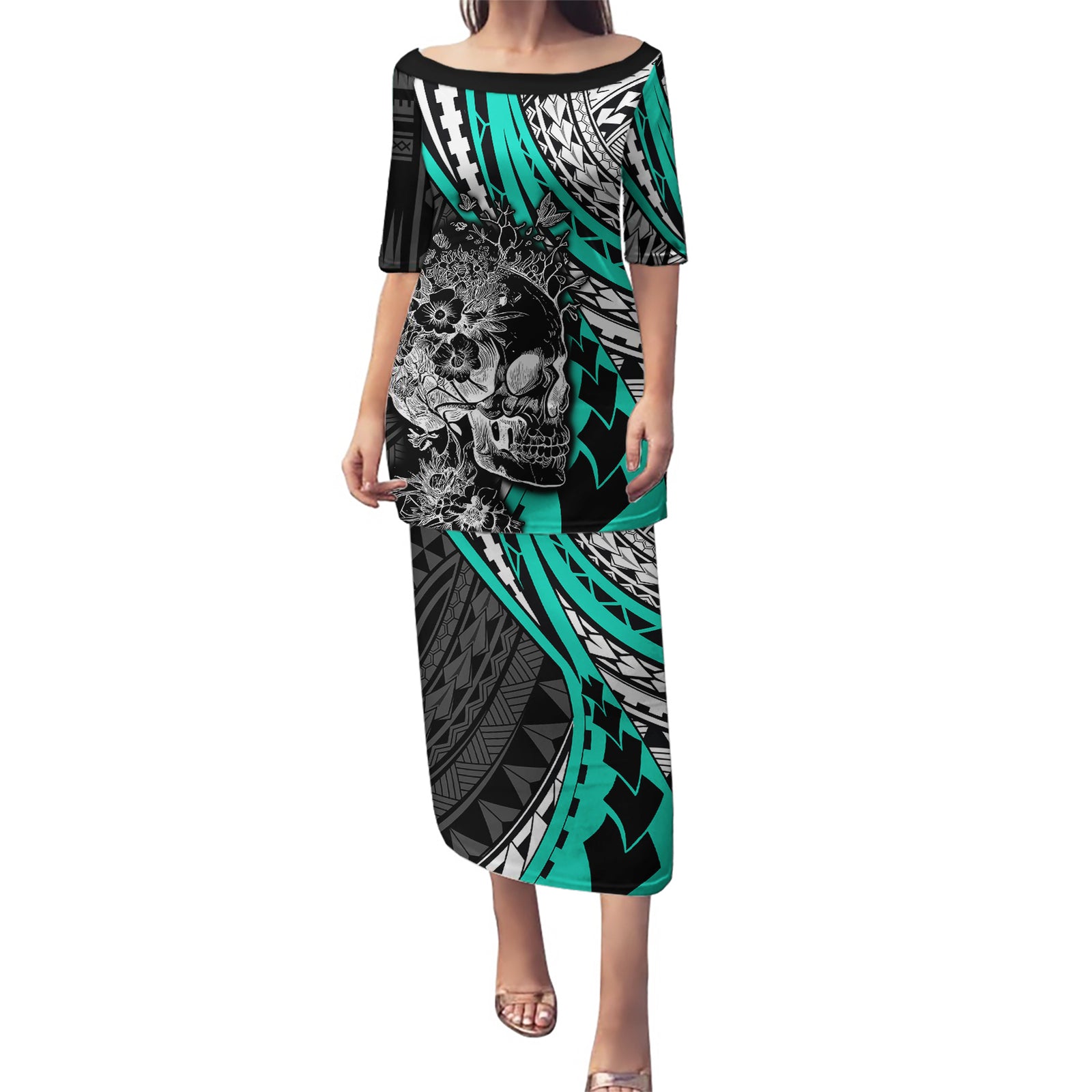 Personalised Polynesia Skull Puletasi Tattoo In The Style Of Maori With Marine Life Aqua LT9 Long Dress Aqua - Polynesian Pride