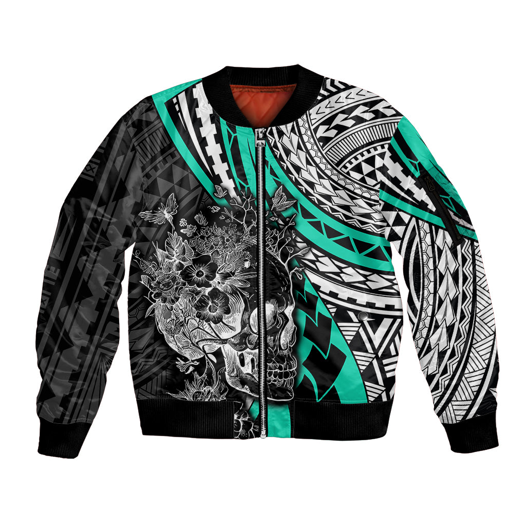Personalised Polynesia Skull Sleeve Zip Bomber Jacket Tattoo In The Style Of Maori With Marine Life Aqua LT9 Unisex Aqua - Polynesian Pride