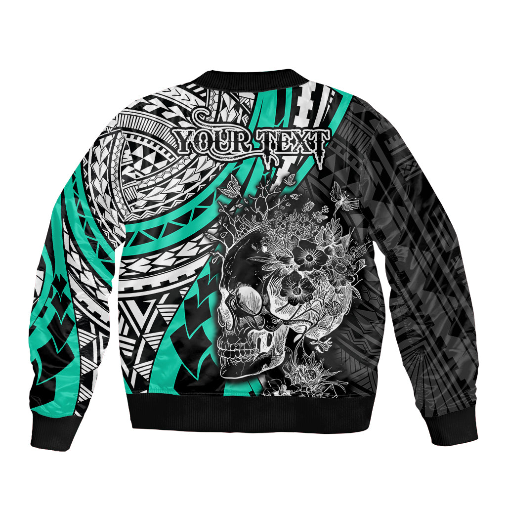 Personalised Polynesia Skull Sleeve Zip Bomber Jacket Tattoo In The Style Of Maori With Marine Life Aqua LT9 - Polynesian Pride