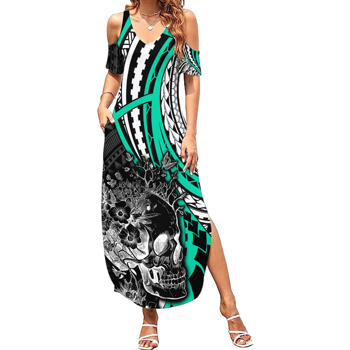 Personalised Polynesia Skull Summer Maxi Dress Tattoo In The Style Of Maori With Marine Life Aqua LT9 Women Aqua - Polynesian Pride