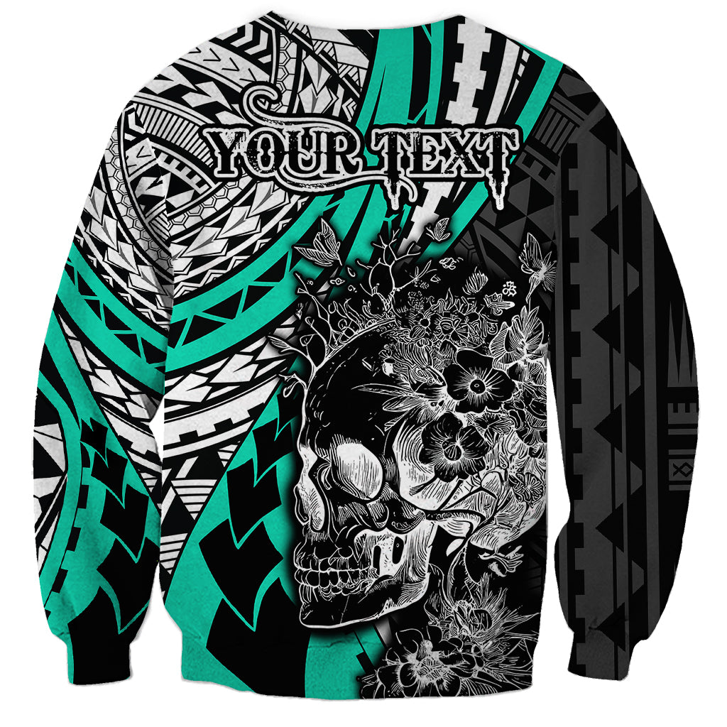 Personalised Polynesia Skull Sweatshirt Tattoo In The Style Of Maori With Marine Life Aqua LT9 - Polynesian Pride