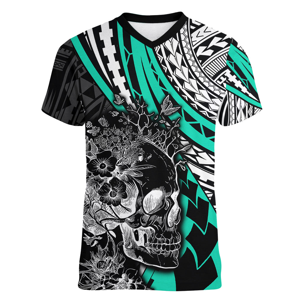 personalised-polynesia-skull-women-v-neck-t-shirt-tattoo-in-the-style-of-maori-with-marine-life-aqua