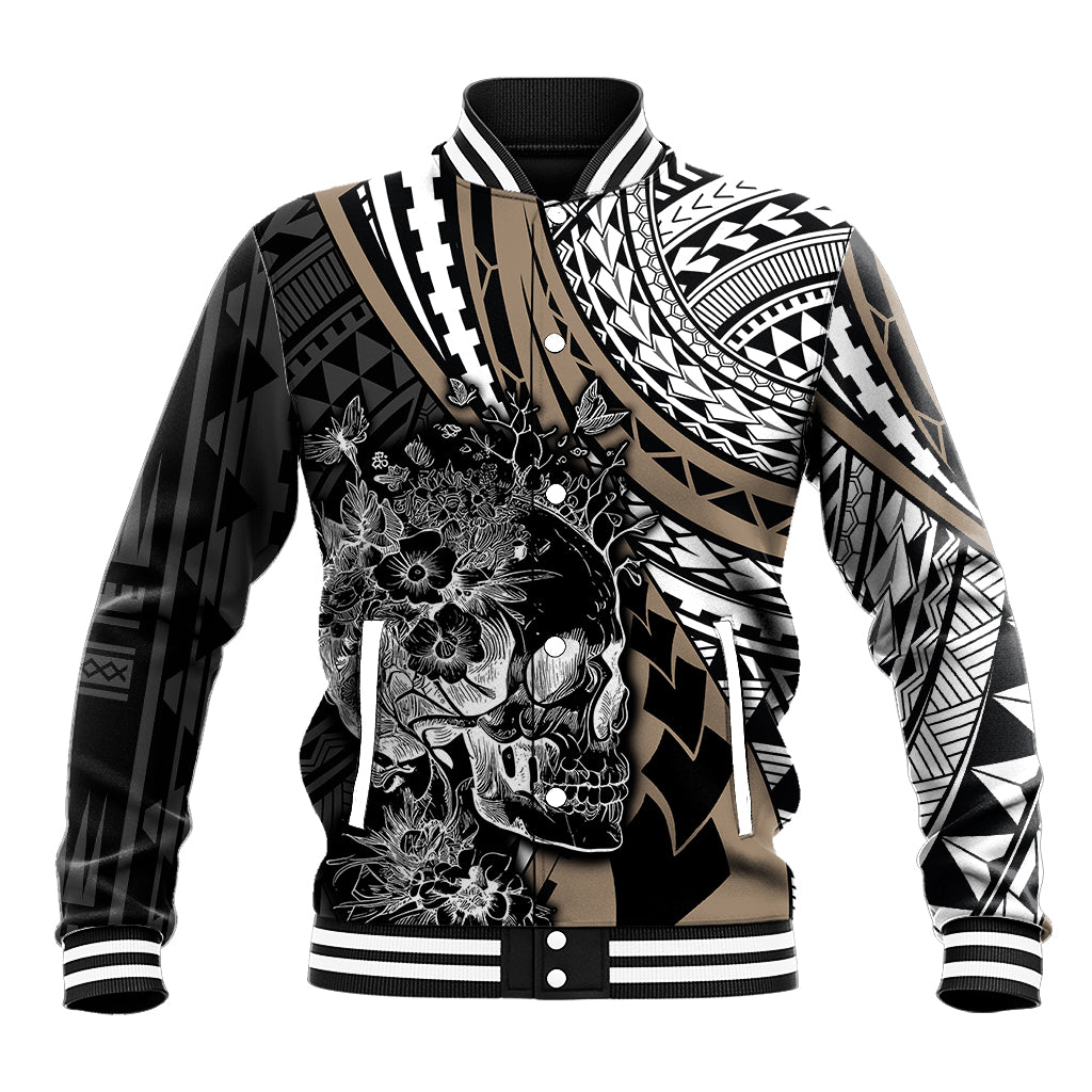 Personalised Polynesia Skull Baseball Jacket Tattoo In The Style Of Maori With Marine Life Gold LT9 Unisex Gold - Polynesian Pride
