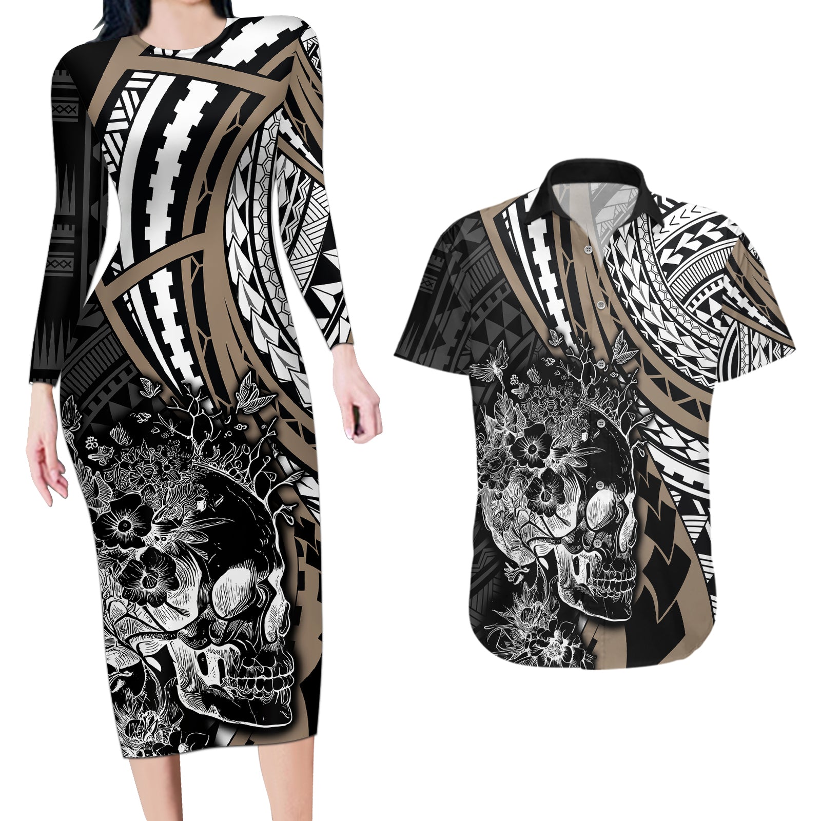 Personalised Polynesia Skull Couples Matching Long Sleeve Bodycon Dress and Hawaiian Shirt Tattoo In The Style Of Maori With Marine Life Gold LT9 Gold - Polynesian Pride