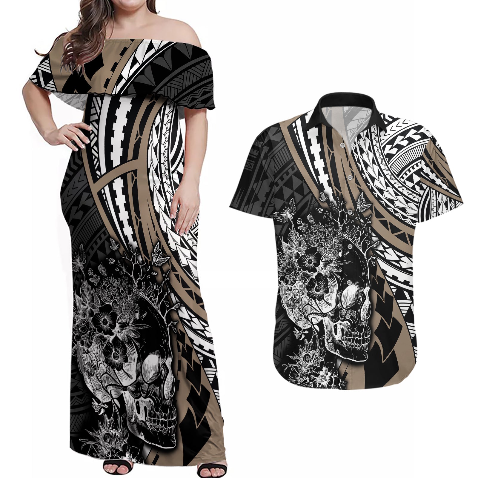 personalised-polynesia-skull-couples-matching-off-shoulder-maxi-dress-and-hawaiian-shirt-tattoo-in-the-style-of-maori-with-marine-life-gold