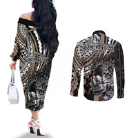 personalised-polynesia-skull-couples-matching-off-the-shoulder-long-sleeve-dress-and-long-sleeve-button-shirts-tattoo-in-the-style-of-maori-with-marine-life-gold