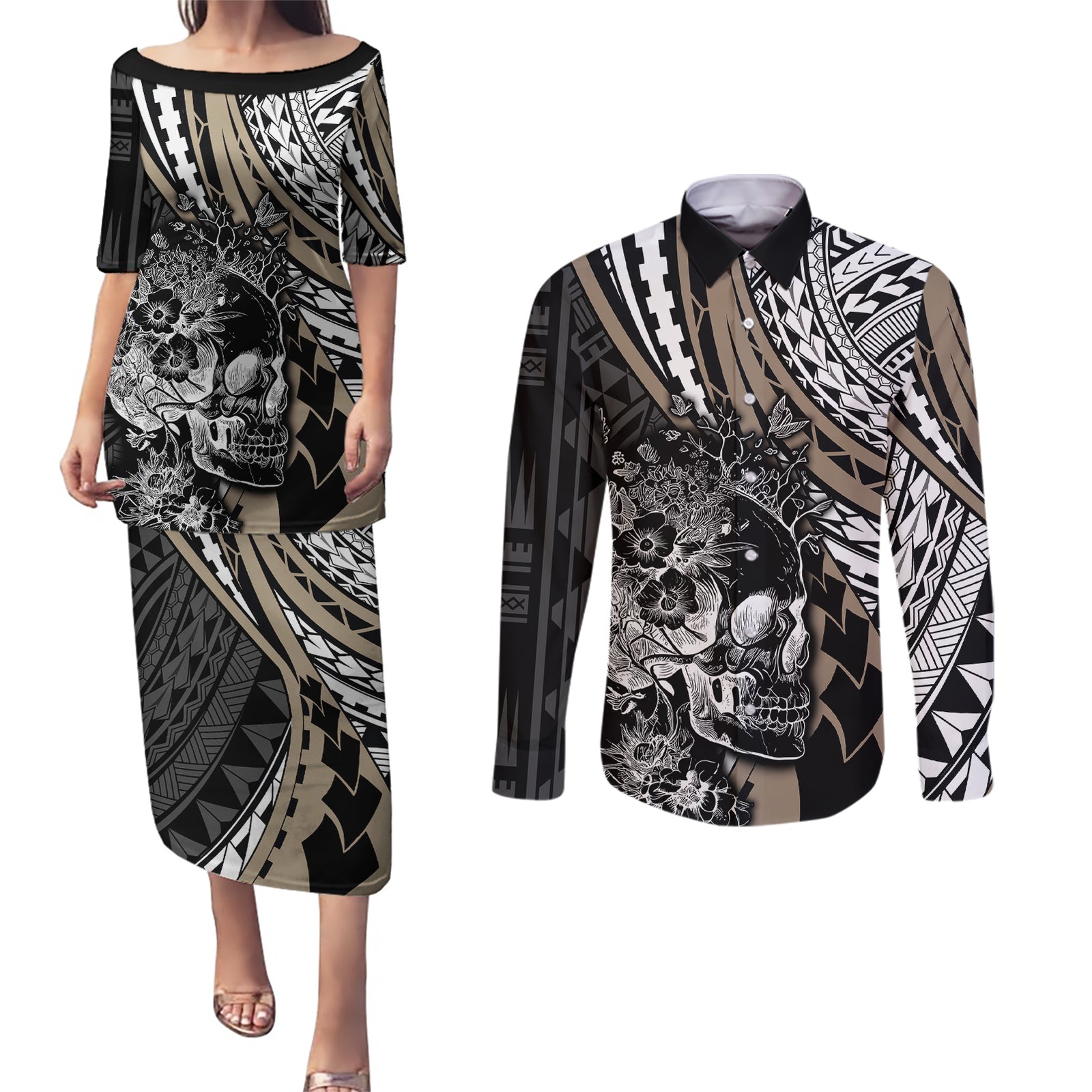 Personalised Polynesia Skull Couples Matching Puletasi Dress and Long Sleeve Button Shirts Tattoo In The Style Of Maori With Marine Life Gold LT9 Gold - Polynesian Pride